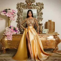 Fashion Gold Long Pleated Satin Skirts Sexy High Slit Zipper Style Floor Length Party Formal Skirts For Women Maxi Skirts Custom