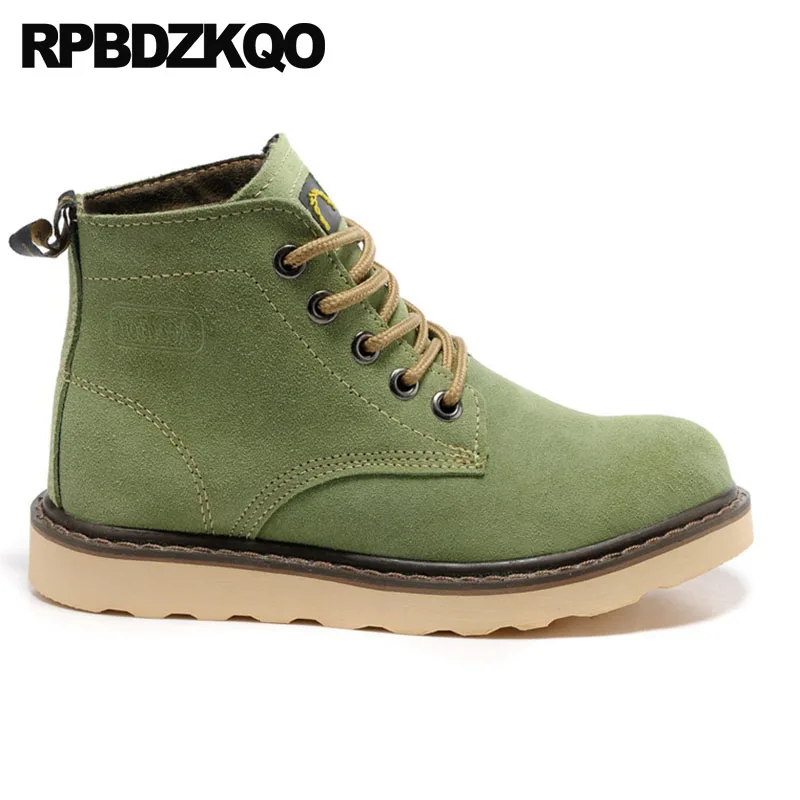 Fall Flat Suede Winter Men Boots With Fur Lined Booties Green Lace Up Ankle Designer Combat Real Genuine Leather Creepers Shoes