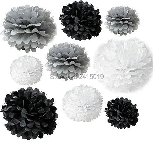 

24xNew mixed sizes silver black white tissue paper bunting pom poms wedding party wall hanging decorative banner garland