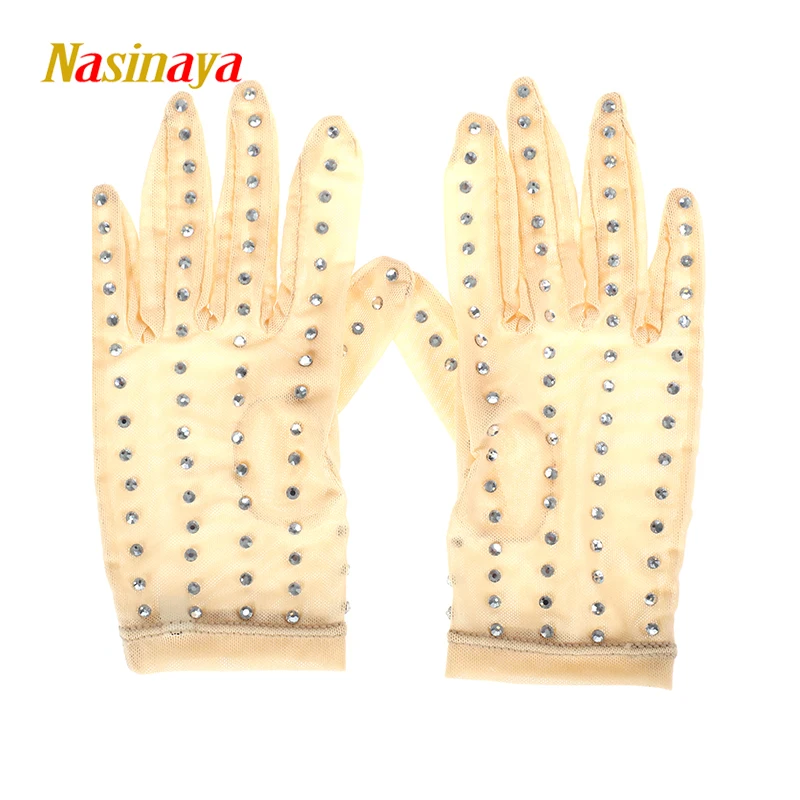 

Nasinaya Children's Figure Skating Competition Training Wrist Gloves Adult Mittens Mesh Protects Hands Shiny Rhinestones 2