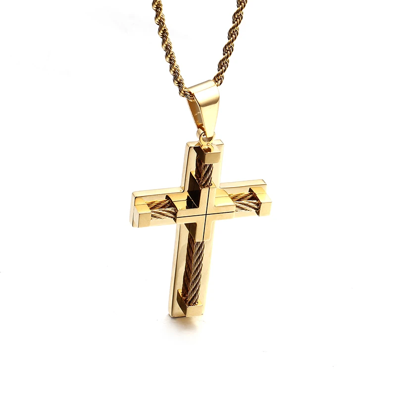 Stainless Steel Wire Chain Large Biker Cross crucifix Pendant Necklace Rope Chain Men\'s Women Punk Fashion Gift 4mm 22 inch