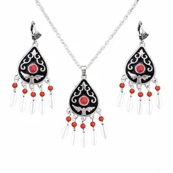 Boho Gypsy Vintage Metal Carved Flower Red Green Beads Leaf Tassel Turkish Necklaces Earrings Sets Indian Jewelry Sets for Women
