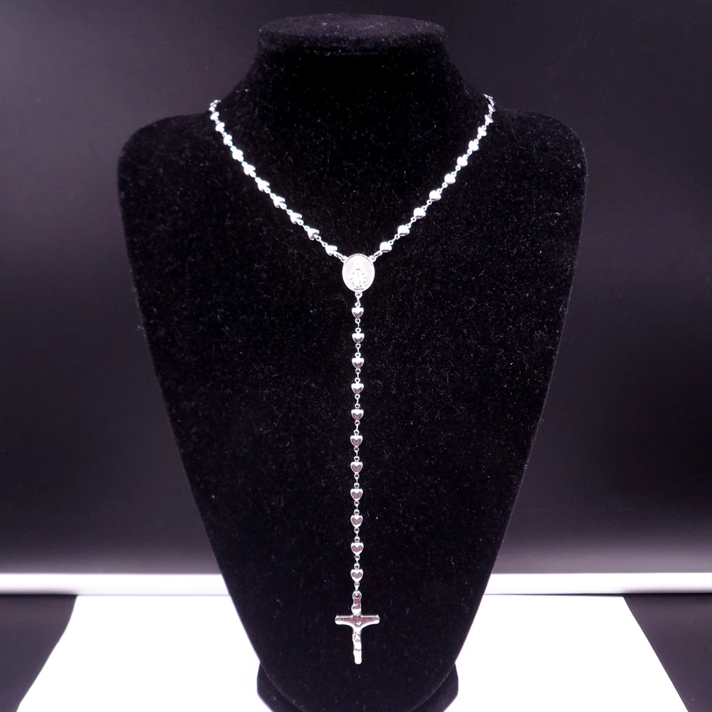 Stainless Steel Cross Rosary Necklace Pendant Heart Chain 5mm 26''+4.5''