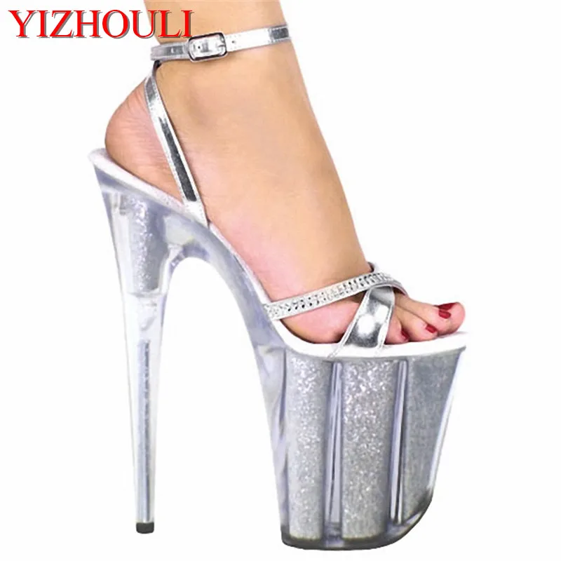 Summer 20 cm silver heels, 8 inches sexy model catwalk party clear heels sandals