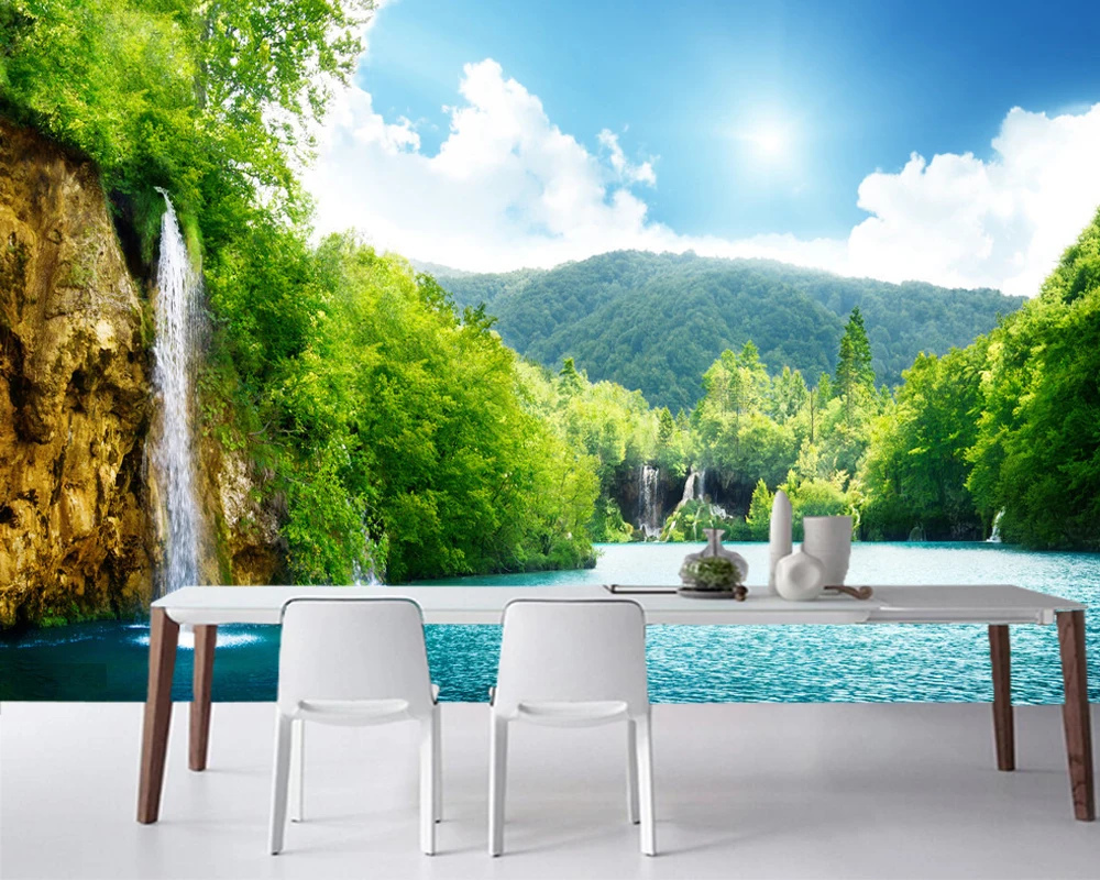 

Papel de parede forest waterfall lake landscape 3d wallpaper, living room TV sofa wall bedroom restaurant bar custom murals