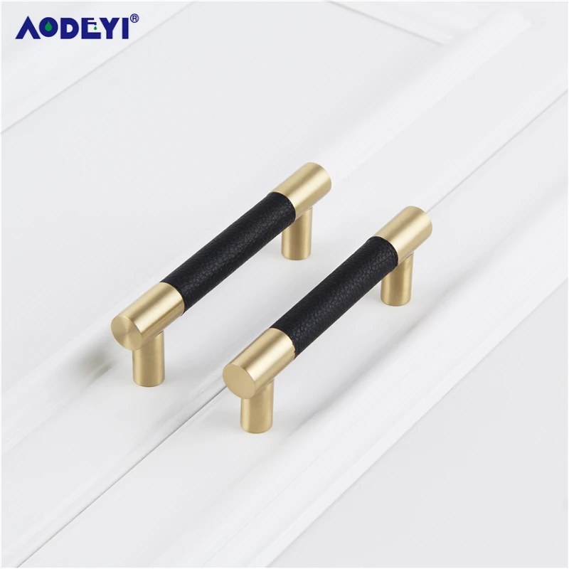 Leather & Brass cabinet knobs and handles drawer handle furniture decotation handles bathroom cupboard Knobs pull handle black