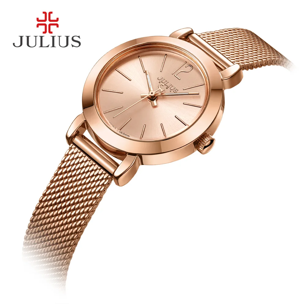 JULIUS JA-732 Female Women\'s Silver Rose Gold Tone Mesh Stainless Steel Quartz Analog Waterproof Fashion Watch Casual Wristwatch