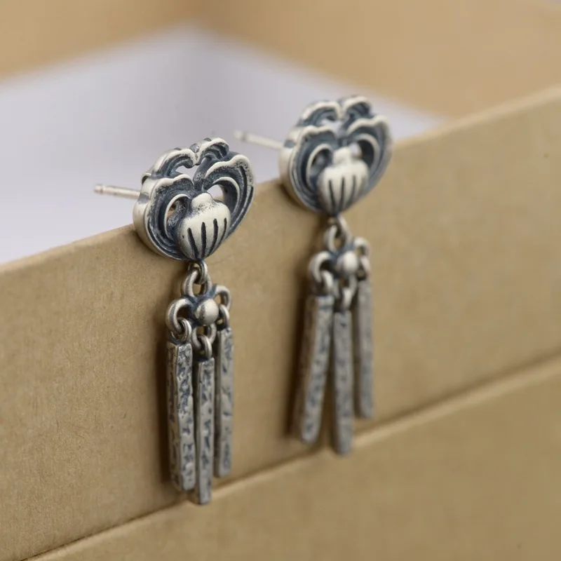 925silver antique process of dumb light of female money riches and honour flowers tassel earrings gift silver wholesale