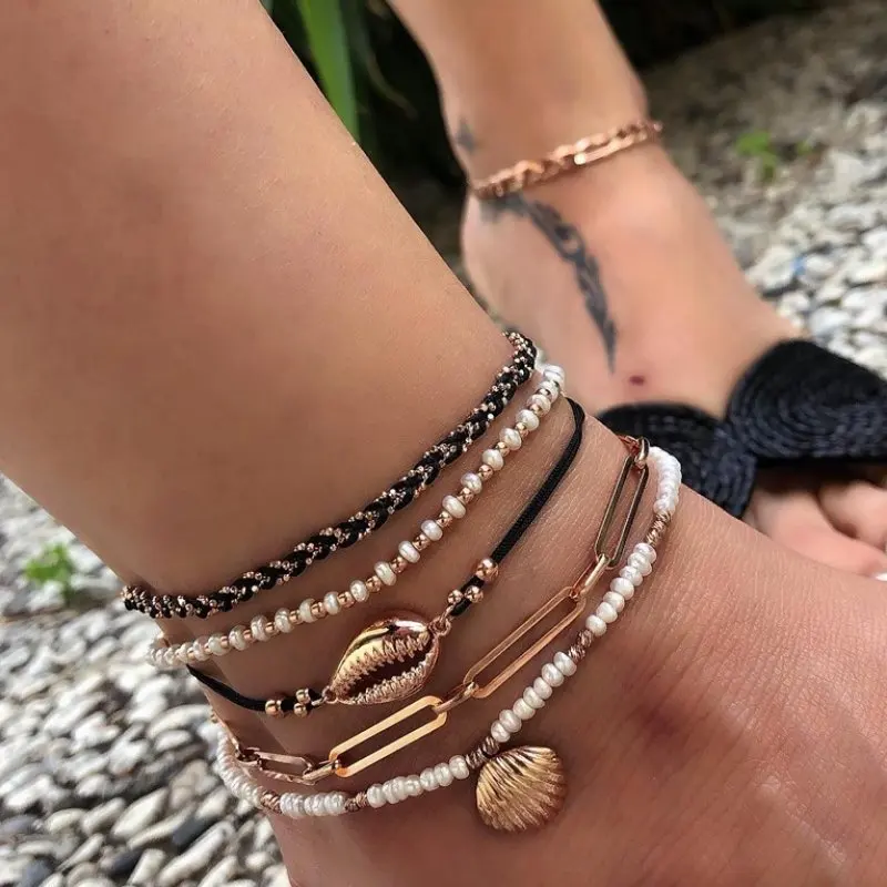 Tocona 5pcs/sets Summer Shell Scallop Beaded Anklets for Women Gold Color Fashion Chain Rope Jewelry Beach Accessories 8007