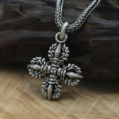 NEW! 100% 925 Silver Tibetan Dorje Pendant Necklace Sterling Buddhist Vajra Amulet Pendant Real Pure Silver Tibetan Necklace