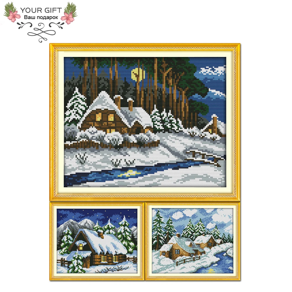 Joy Sunday Counted Stamped Winter Forest Lodge, Fairy Tale House, Cross Stitch, Home Decor, Winter, F430, F431(1), F432(2)