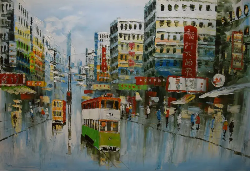 

Hand Painted Canvas Knife Oil Painting Abstract HongKong Trams Street Canvas Painting Wall Art Picture Painting for Living ROOM