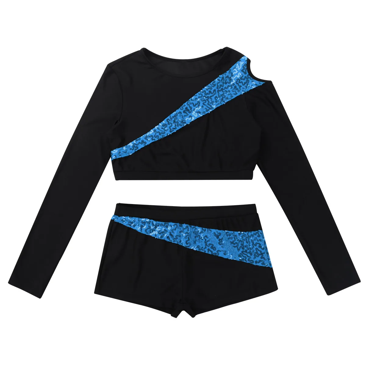 TiaoBug Women Shiny Sequins Long Sleeves Sports Gymnastics Crop Tops Shorts Set Fitness Dancewear Team Competition Dance Costume