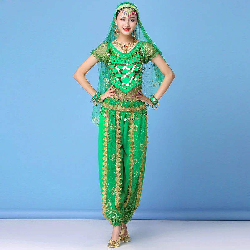 2019 Sari Dancewear Women Belly Dance Costume Set Indian Dance Costumes Bollywood Outfits (Top+belt+pants+veil+hairpin)