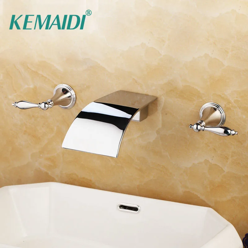 

KEMAIDI Bathroom Basin Sink Brass Tap Mixer Faucet 3 pcs Solid Brass Waterfall Wall Mounted Polished Chrome Bathtub Shower