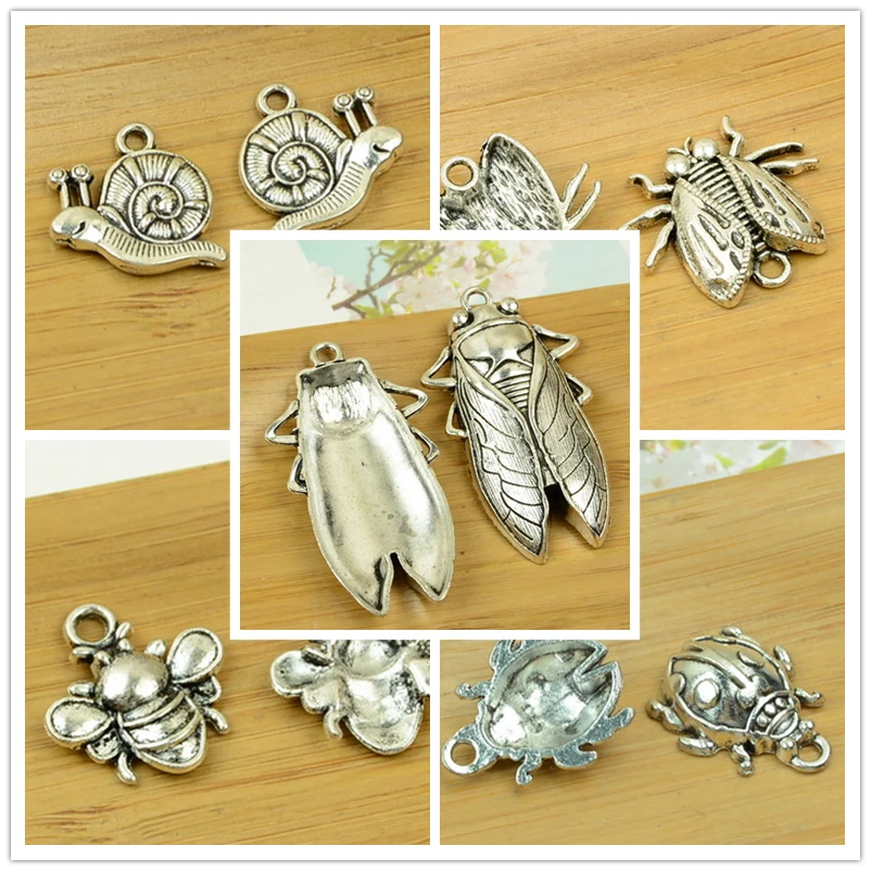 bee/ladybug/snail/fly/cicada insect alloy animal pendant antique silver charms  jewelry DIY accessories fingdings free shipping