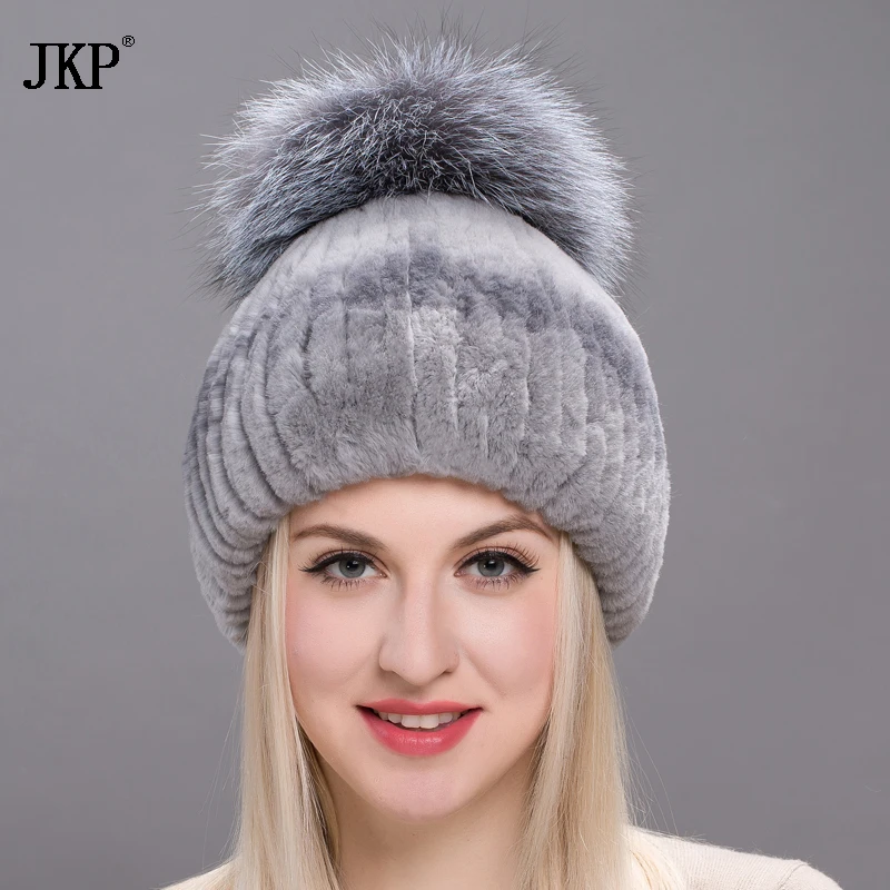 Winter Rex Rabbit Fur Hat For Women With Fox Fur Pompoms Knitted Top Hats Fur Hats Brand New Causal Caps Good Quality THY17-08