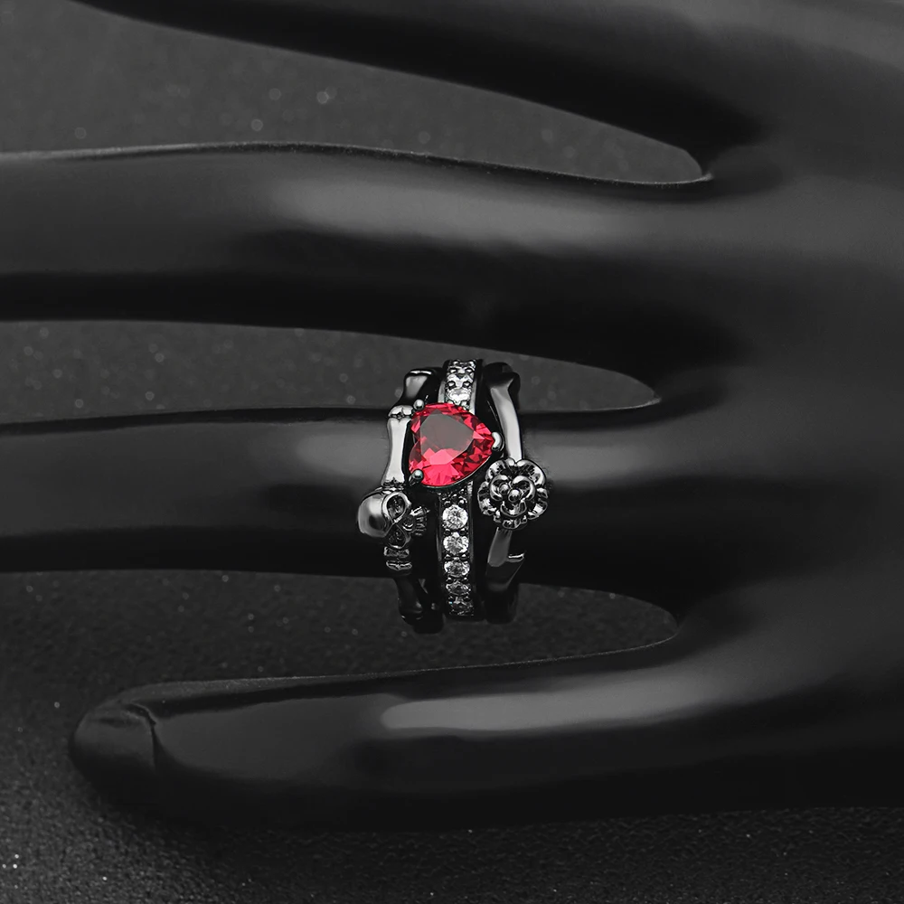 Gothic Skull Finger Silver Color Wedding Rings Set for Women Girl Red Heart Crystal CZ Rose Flower Trendy Jewelry Gift Rings