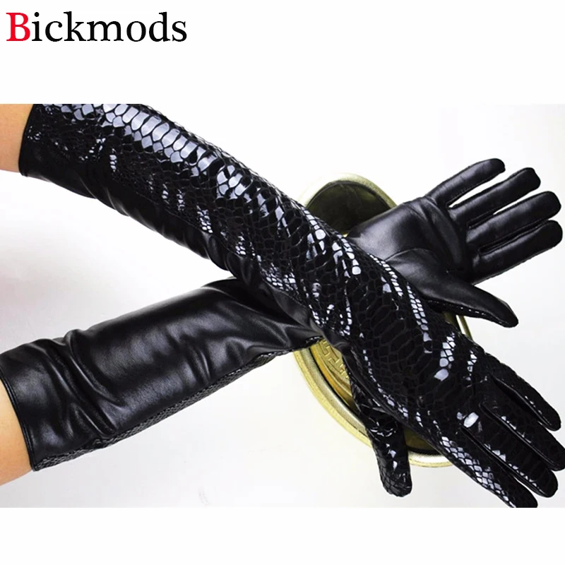 New Crocodile Pattern Long Sheepskin Leather Gloves Women Elbow Velvet Lining Autumn Winter Warm Arm Cover Black