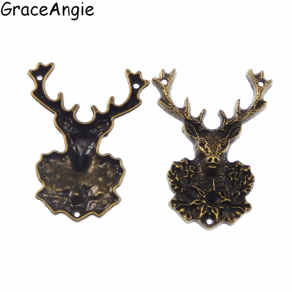 GraceAngie 6PCS Antique Bronze Deer Elk Head Shape Two Hole Pendant Connectors Retro Style Jewelry Necklace Making Findings