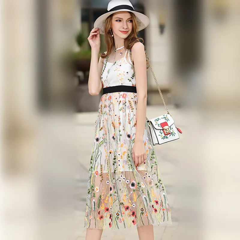 Mùa hè hoa thêu lưới bohemian phụ nữ đảng dress không tay a-line elegant dài đen trắng nữ casual bãi biển dresses