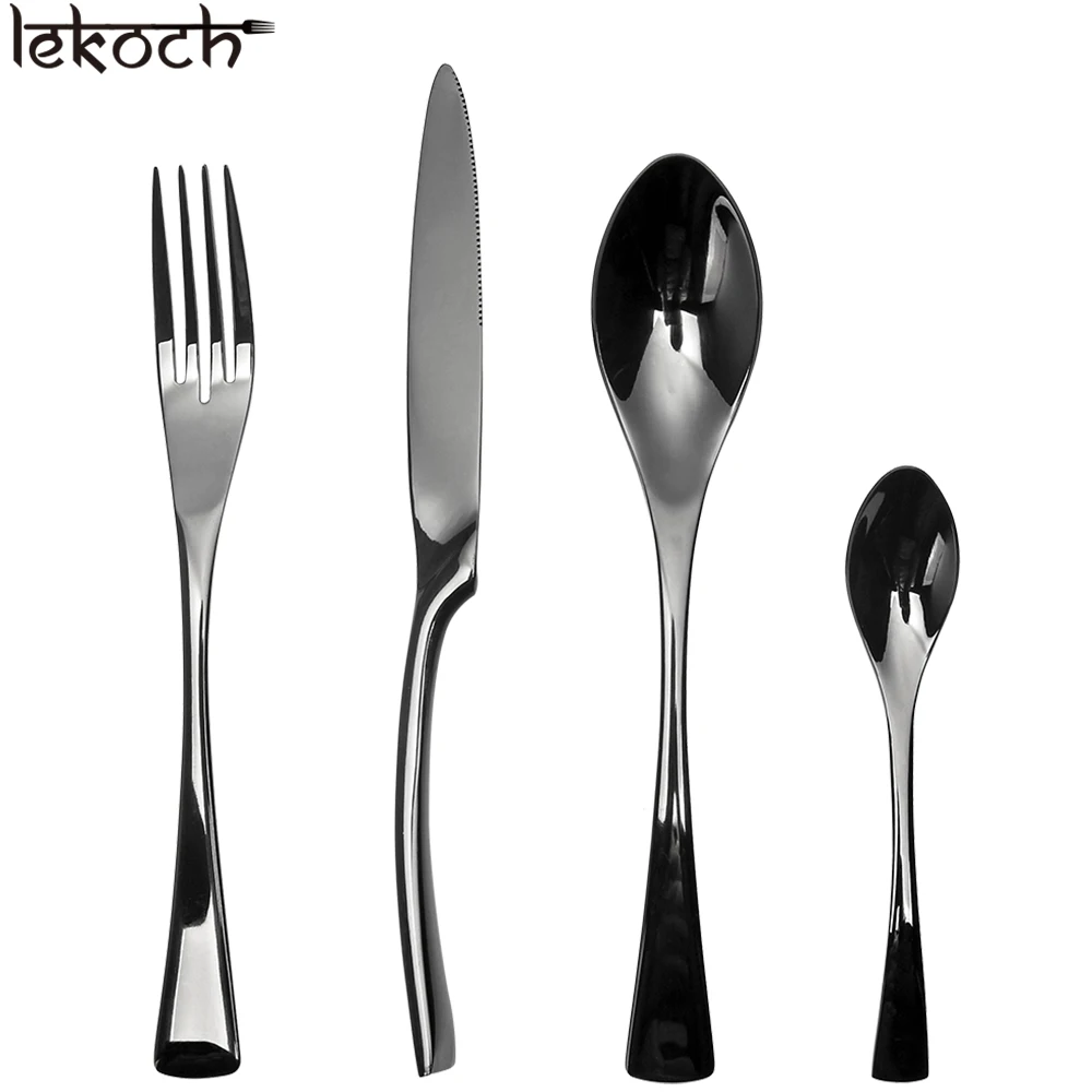 lekoch 24Pcs/set Stainless Steel Black Cutlery Set Dinnerware Tableware Silverware Sets Dinner Knife and Fork wholesale