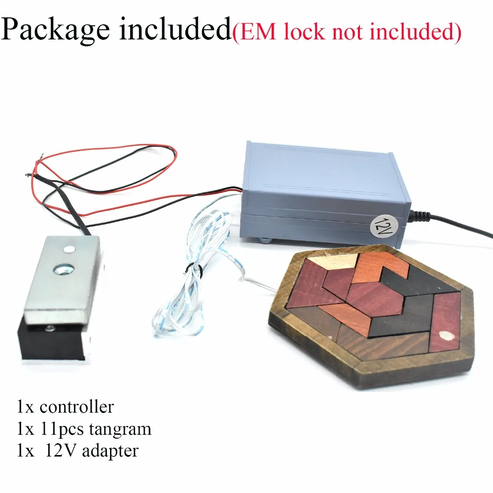Accesorios de sala de escape, accesorios Tangram (11 piezas de madera), juego de rompecabezas para controlar el bloqueo EM (no incluido), accesorios de juego de la vida Real