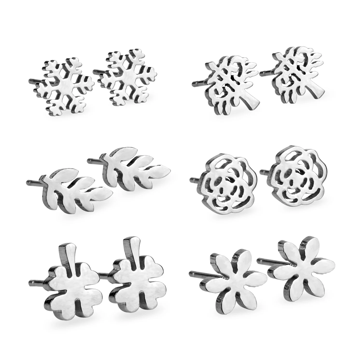 LUXUSTEEL Stainless Steel 6pairs/Box Earring Sets Mixed Style Tree/Snowflake/Leave/Flower Shape Stud Earrings Female Jewelry