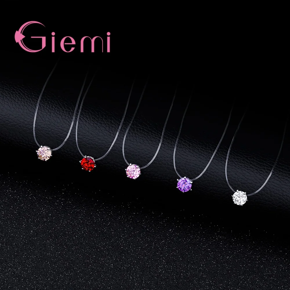 Charm Shiny Sweet 925 Sterling Silver Pendant Necklace 8 Colors Clear Cubic Zirconia Transparent Rope Design Fashion