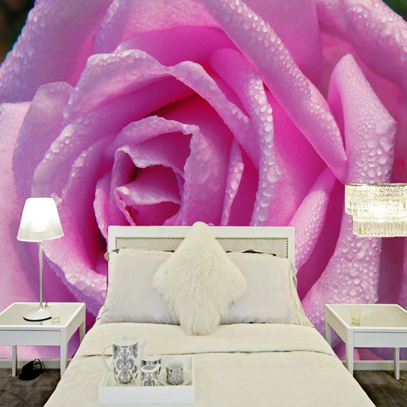HD Water Drop Pink Rose Photo Wallpaper 3D Wall Mural Romantic Decor Wedding House Living Room Warm Wallpaper Papel De Parede 3D