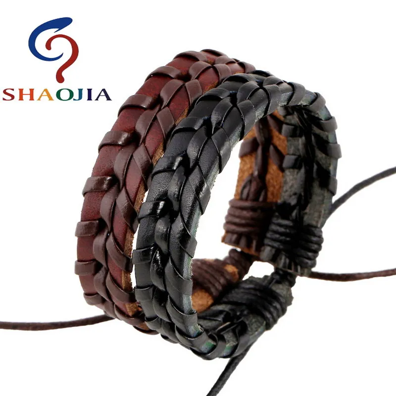 SHAOJIA Vintage Bracelet Handmade Woven Elegant Brown Leather Bracelets & Bangles For Women Men Jewelry Fashion Accessory