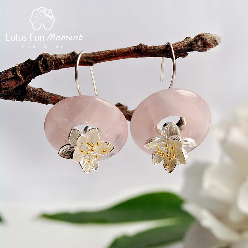 Lotus Fun Moment Real 925 Sterling Silver Natural Stone Creative Handmade Fashion Jewelry Lotus Whispers Drop Earrings for Women