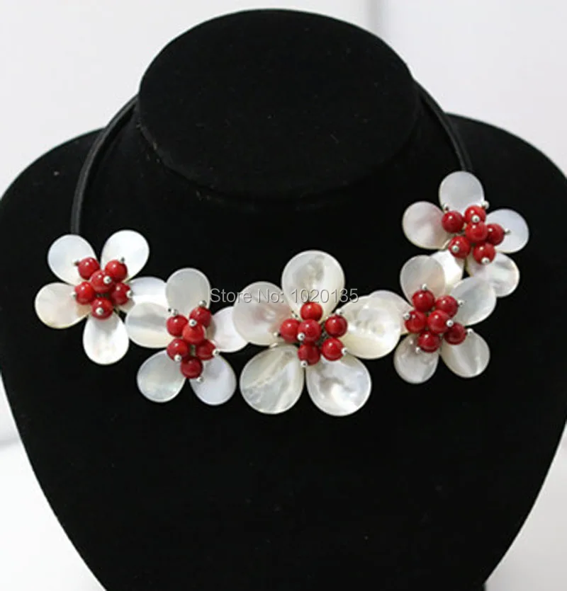 

white shell flower red coral round necklace 18inch wholesale beads nature gift discount FPPJ