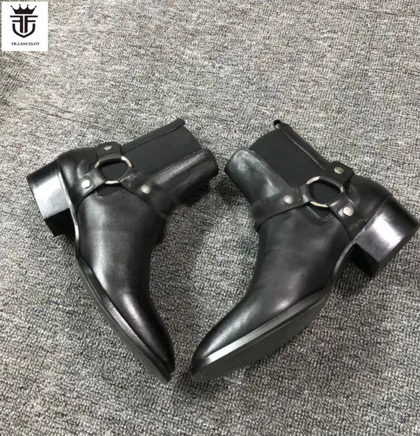 FR.LANCELOT 2020 New real Leather men Ankle Boots Fashion sliver chains Chelsea shoes Boots Men\'s Fashion Spring Autumn Boots