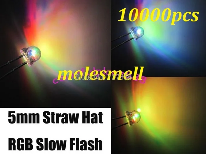 

fast shipping 10000pcs 5mm Straw Hat Colorful Slow Flashing Flash RGB Red Blue Green LED Leds 5mm strawhat rgb slow flashing led