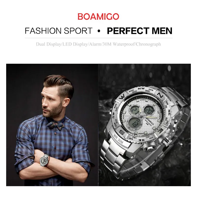 S-Shock Men Sports Watches BOAMIGO Brand Analog Digital LED Electronic Quartz Watch Steel Band 30M Waterproof Relogio Masculino