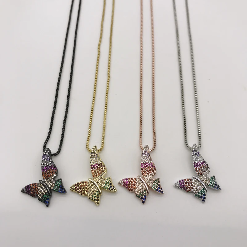 

5pcs/lot Popular Fashion Design Cute Butterfly Necklace Metal Plated Rainbow CZ Micro Pave Jewelry