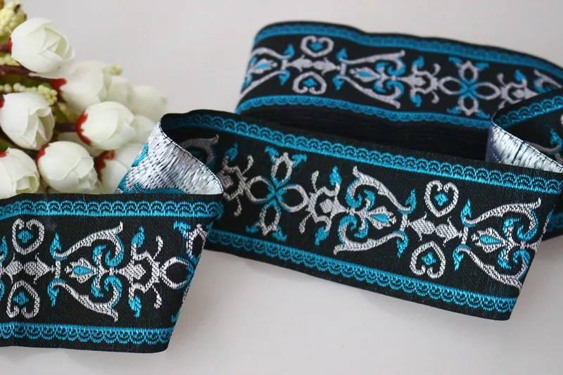 High quality 8yards/lots Woven Jacquard Ribbon 5cm  black background blue totem pattern LS-3610