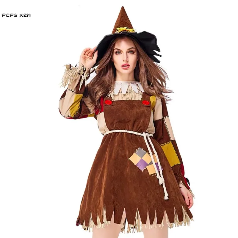 Adult Women Halloween Beggar Costumes Female The Scarecrow Hunk Cosplay Carnival Purim Parade Stage Show Role Play Party Dress