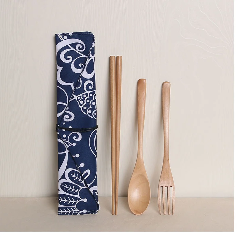 Korean Style Wooden Chopsticks Spoon Fork Set with Cloth Bag Travel Portable Tableware Set W9545