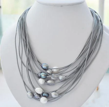 

Elegant Handmade Real Pearl Jewelry 15 Rows 13mm White Black Rice Freshwater Pearl Gray Leather Necklace 20'' Magnet Clasp