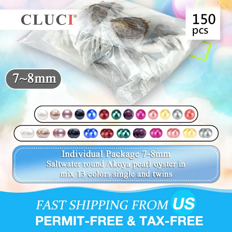 

CLUCI 150pcs Mix 13 Colors 7-8mm Round Akoya Single and Twins Pearls Oyster Vacuum Packed Rainbow Pearls in Oysters WP337SB