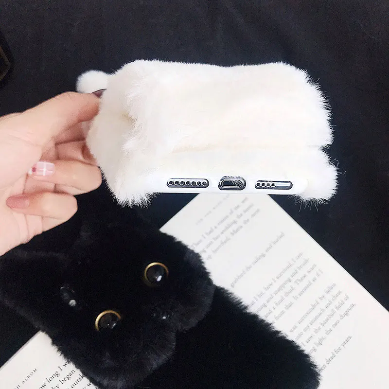 Cute Rabbit Hair Dog Cat Plush Phone Case for iPhone 14 13 12 11 Pro XS Max XS XR 8 7 Plus SE Rabbit Ears Fur Fluffy Soft Cover