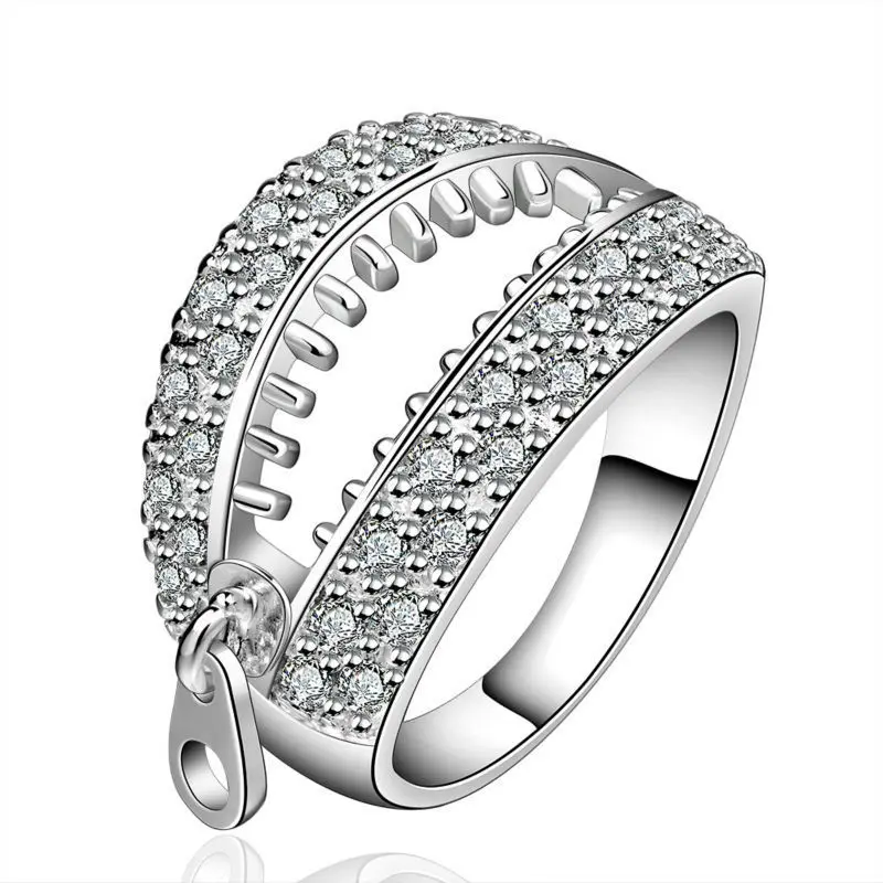 OMHXZJ Wholesale European Fashion Woman Man Party Wedding Gift White Open Zipper AAA Zircon 925 Sterling Silver Ring RR177