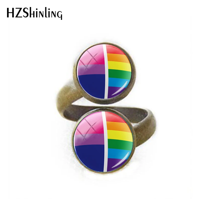 2018 New Super Pride Rainbow Adjustable Ring For Women Bi Pride Glass Cabochon Photo Rings Handmade Picture Jewelry