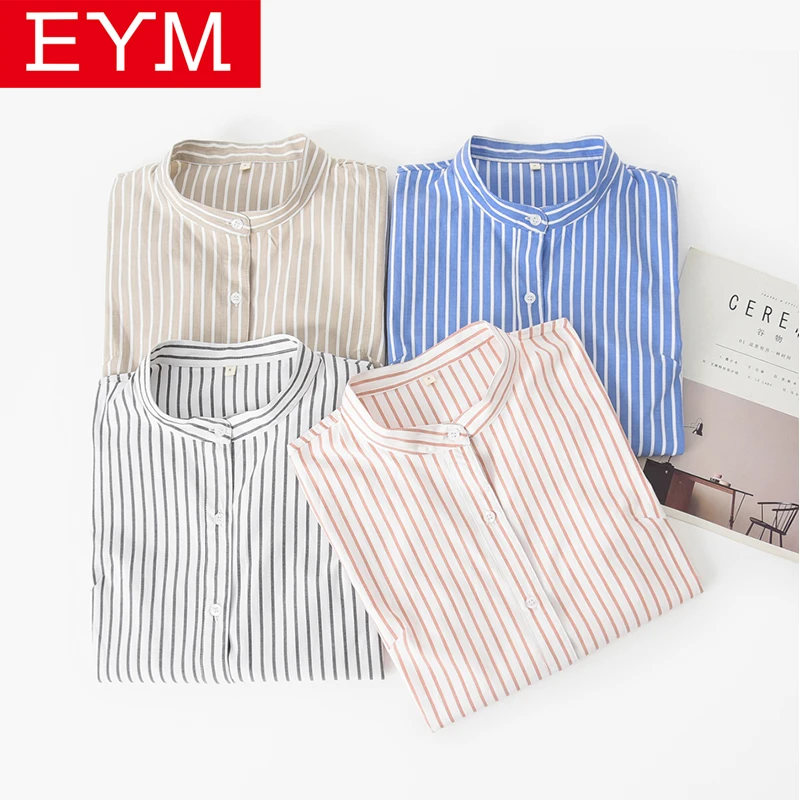 

EYM Brand 2021 New Women Blouses Simple Casual Striped Stand Long Sleeve Shirts Female Plus Size Blouse Tops Blusas Feminina 3XL