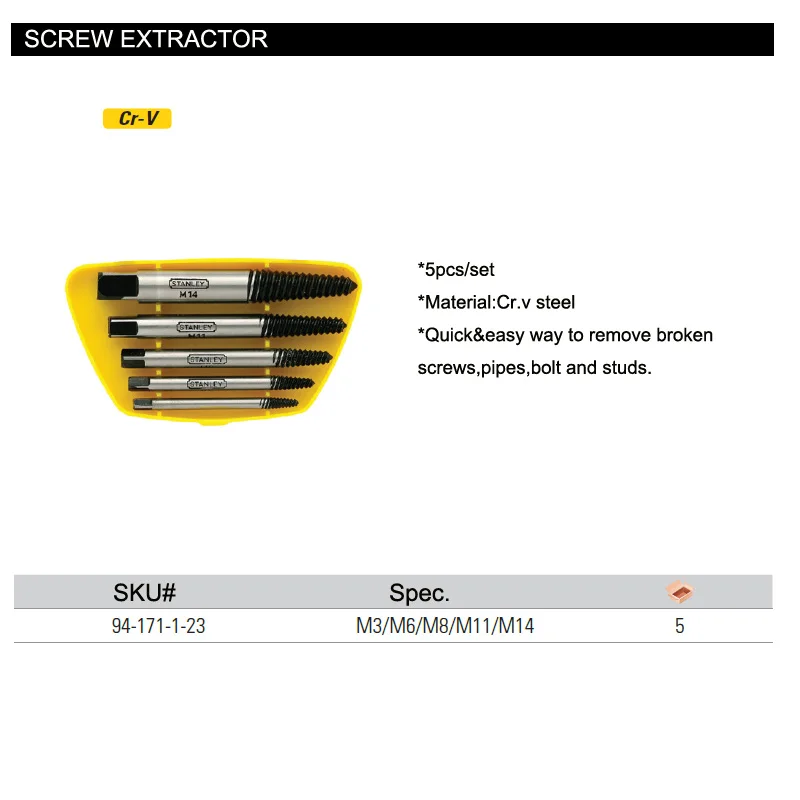 Stanley 5pcs E-Z speed out damaged screw extractor, broken screw removal set for bolt nut studs pipes tap remover bit extractors