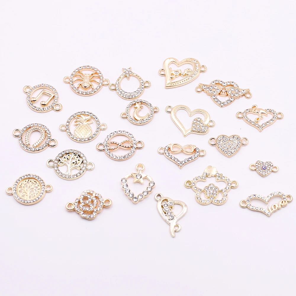 10 Pcs Gold Color Heart Shaped Connectors Charms With Rhinestone Animal Round Connectors Accessories For Jewelry Making For Sale