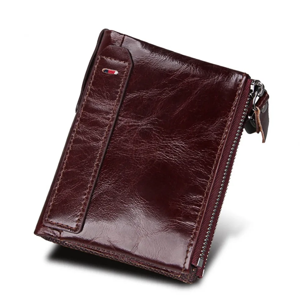 Genuine Cow Leather Men Wallets RFID Double Zipper Card Holder High Quality Male Wallets Purse Vintage Coin Holder Men Wallets