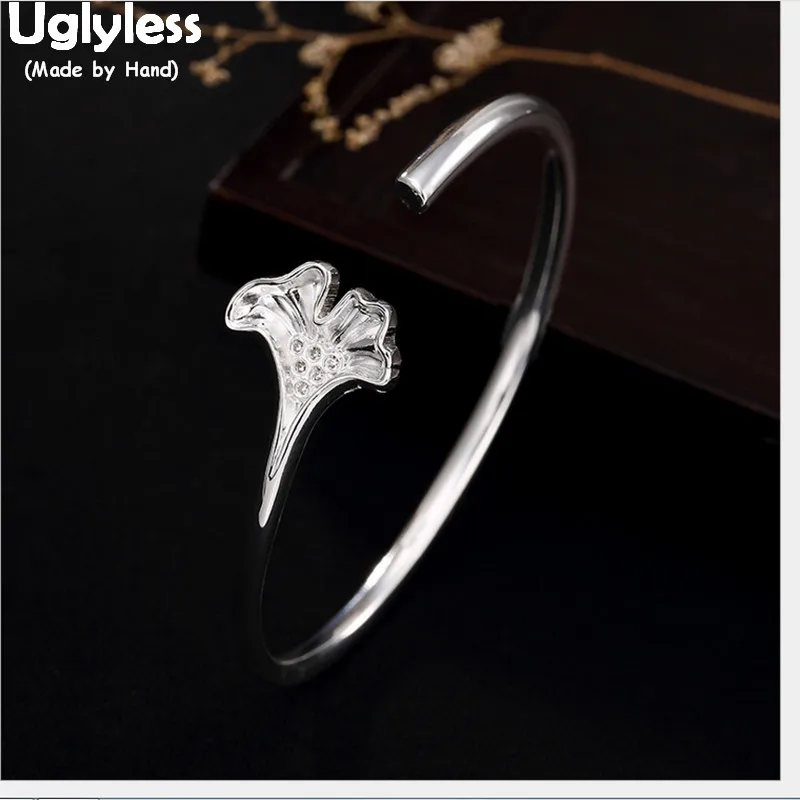 

Uglyless 100% Real Solid 999 Full Silver Ginkgo Leaf Open Bangles for Women Ethnic Bracelets Fine Jewelry Handmade Leaves Bangle